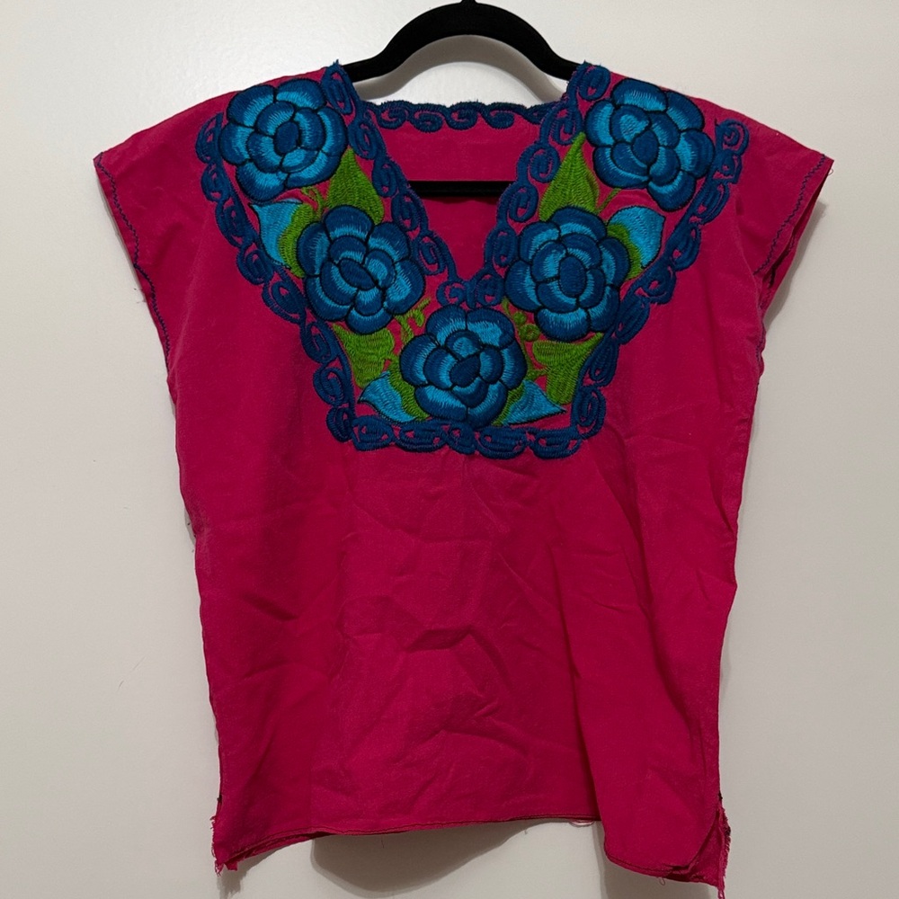 Embroidered Fuchsia Women’s Top with Blue Floral Detail